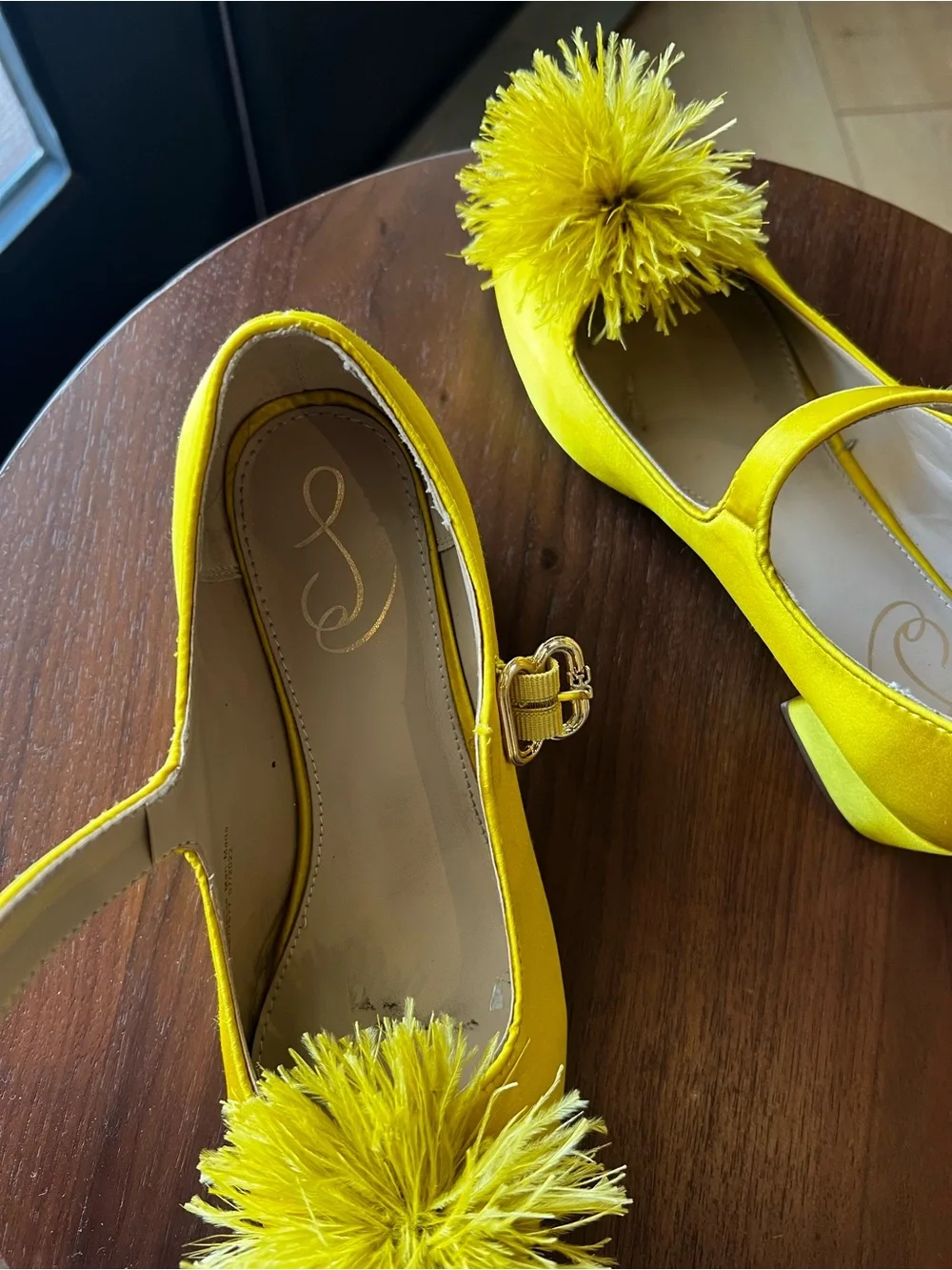 Kids Yellow Pom Mary Jane Heels